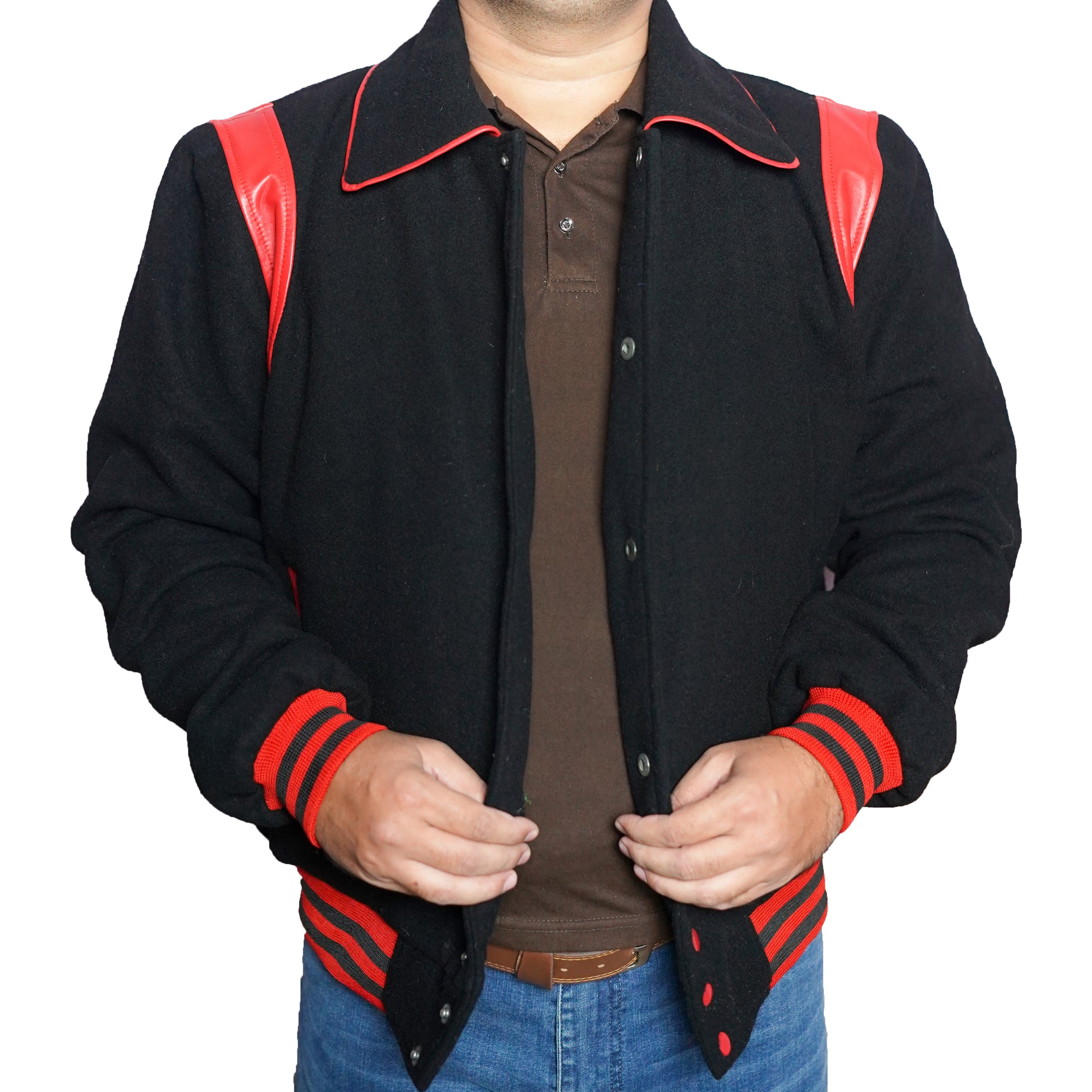 Bringo_Mens_Varsity_Letterman_Jacket_Baseball_Sports_College_Team_Moto_Biker_Racer_Bomber_Black_Wool_Red_Leather_Stripes_Shirt_Collar_Snap_Button_Rib
