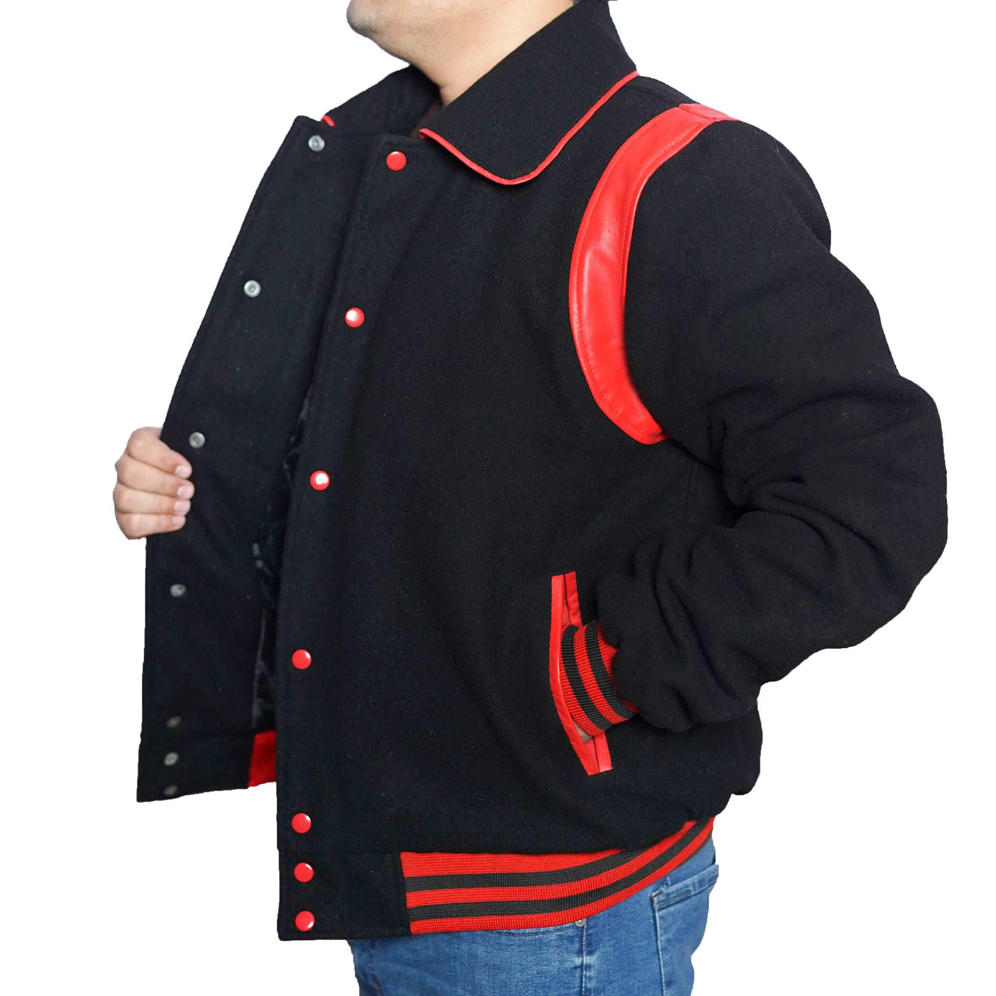 Bringo_Mens_Varsity_Letterman_Jacket_Baseball_Sports_College_Team_Moto_Biker_Racer_Bomber_Black_Wool_Red_Leather_Stripes_Shirt_Collar_Snap_Button_Rib