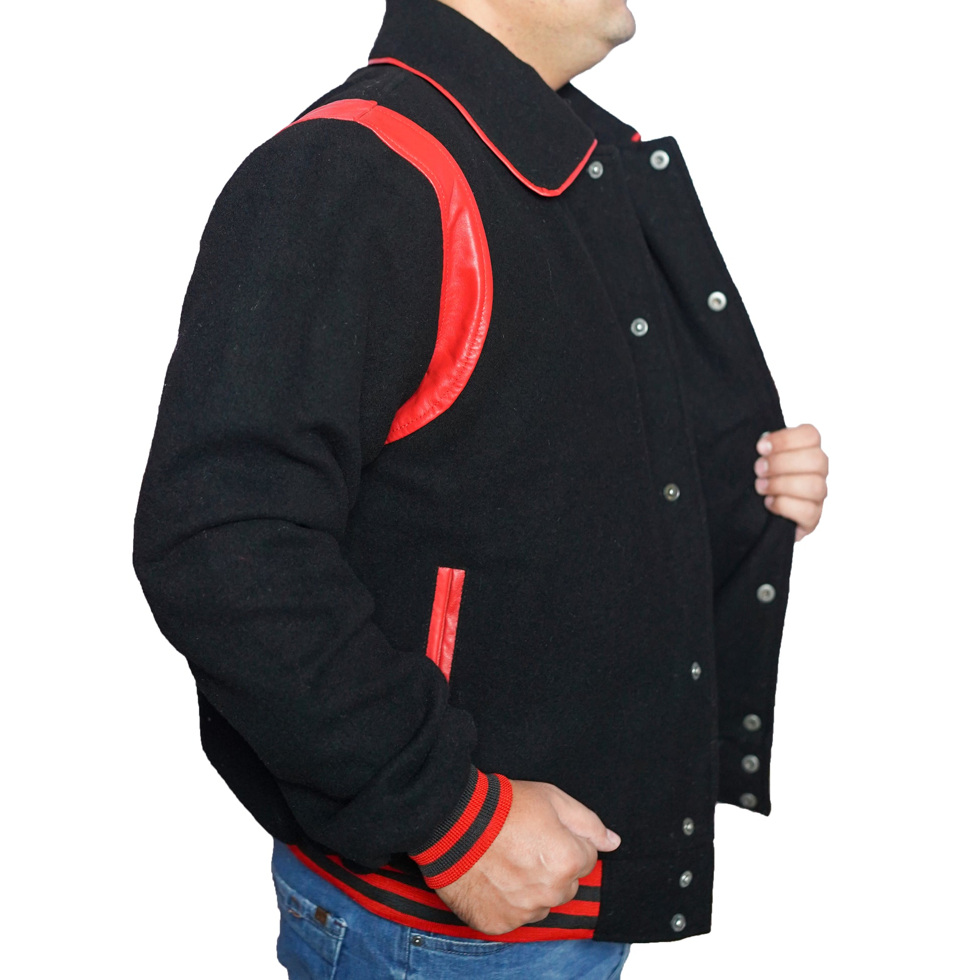 Bringo_Mens_Varsity_Letterman_Jacket_Baseball_Sports_College_Team_Moto_Biker_Racer_Bomber_Black_Wool_Red_Leather_Stripes_Shirt_Collar_Snap_Button_Rib