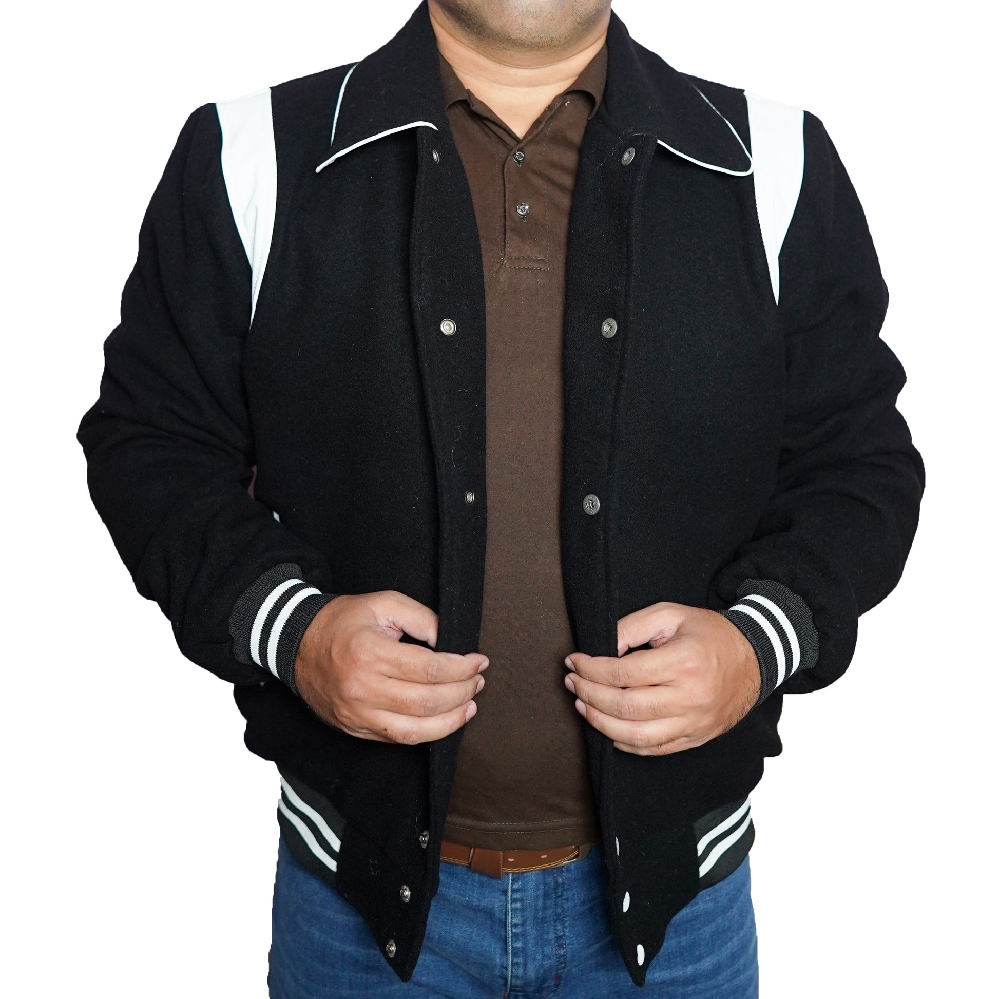 Bringo_Mens_Varsity_Letterman_Jacket_Baseball_Sports_College_Team_Moto_Biker_Racer_Bomber_Black_Wool_White_Leather_Stripes_Shirt_Collar_Snap_Button_Rib