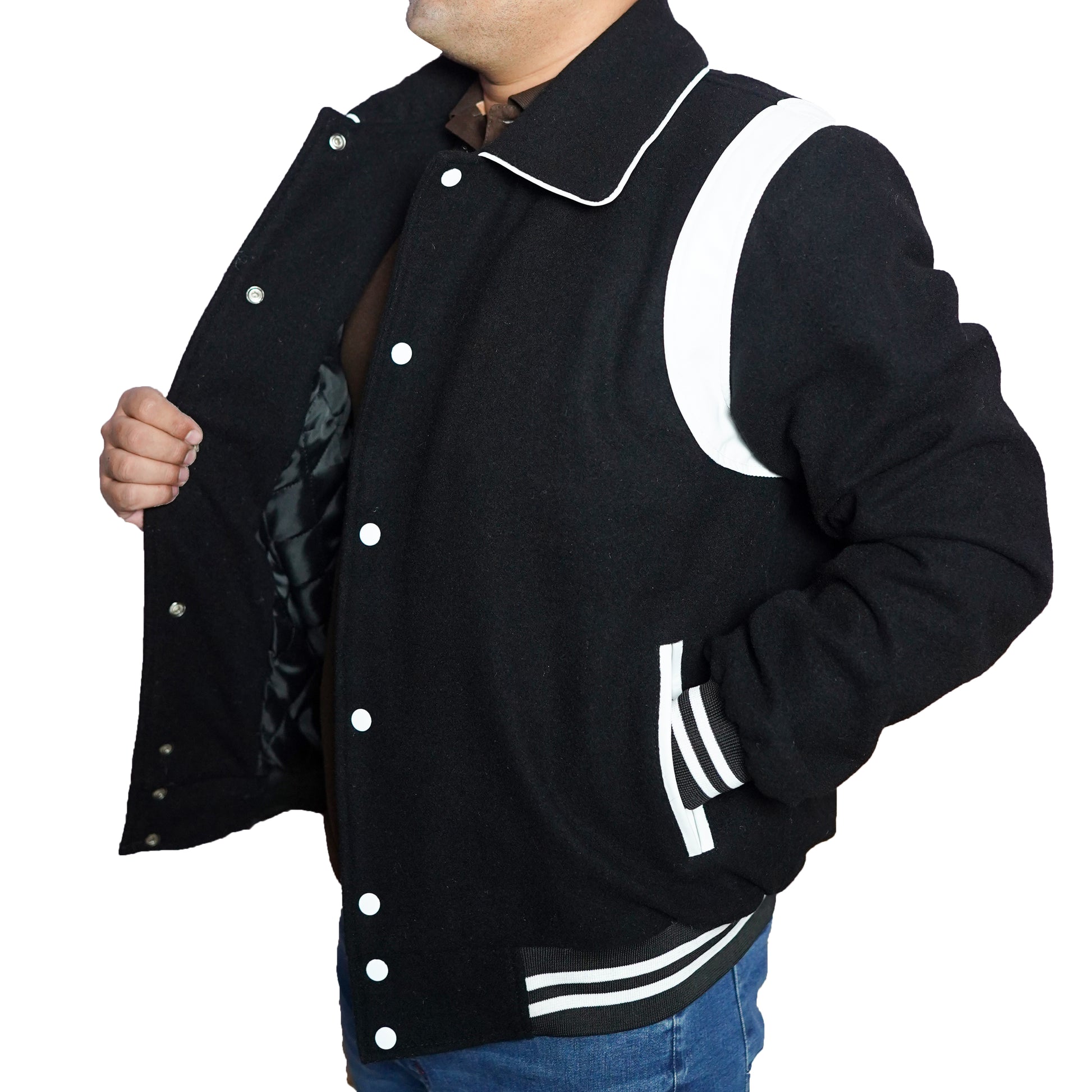 Bringo_Mens_Varsity_Letterman_Jacket_Baseball_Sports_College_Team_Moto_Biker_Racer_Bomber_Black_Wool_White_Leather_Stripes_Shirt_Collar_Snap_Button_Rib