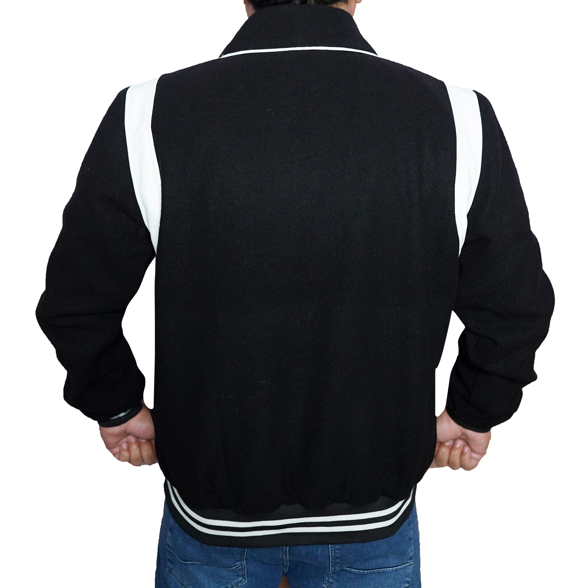 Bringo_Mens_Varsity_Letterman_Jacket_Baseball_Sports_College_Team_Moto_Biker_Racer_Bomber_Black_Wool_White_Leather_Stripes_Shirt_Collar_Snap_Button_Rib