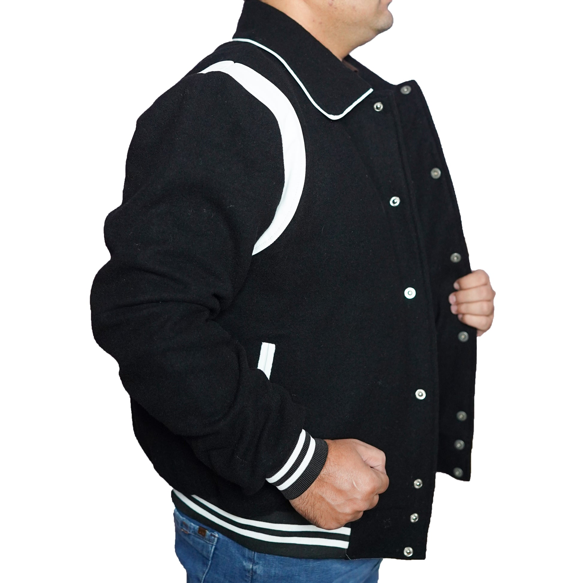 Bringo_Mens_Varsity_Letterman_Jacket_Baseball_Sports_College_Team_Moto_Biker_Racer_Bomber_Black_Wool_White_Leather_Stripes_Shirt_Collar_Snap_Button_Rib