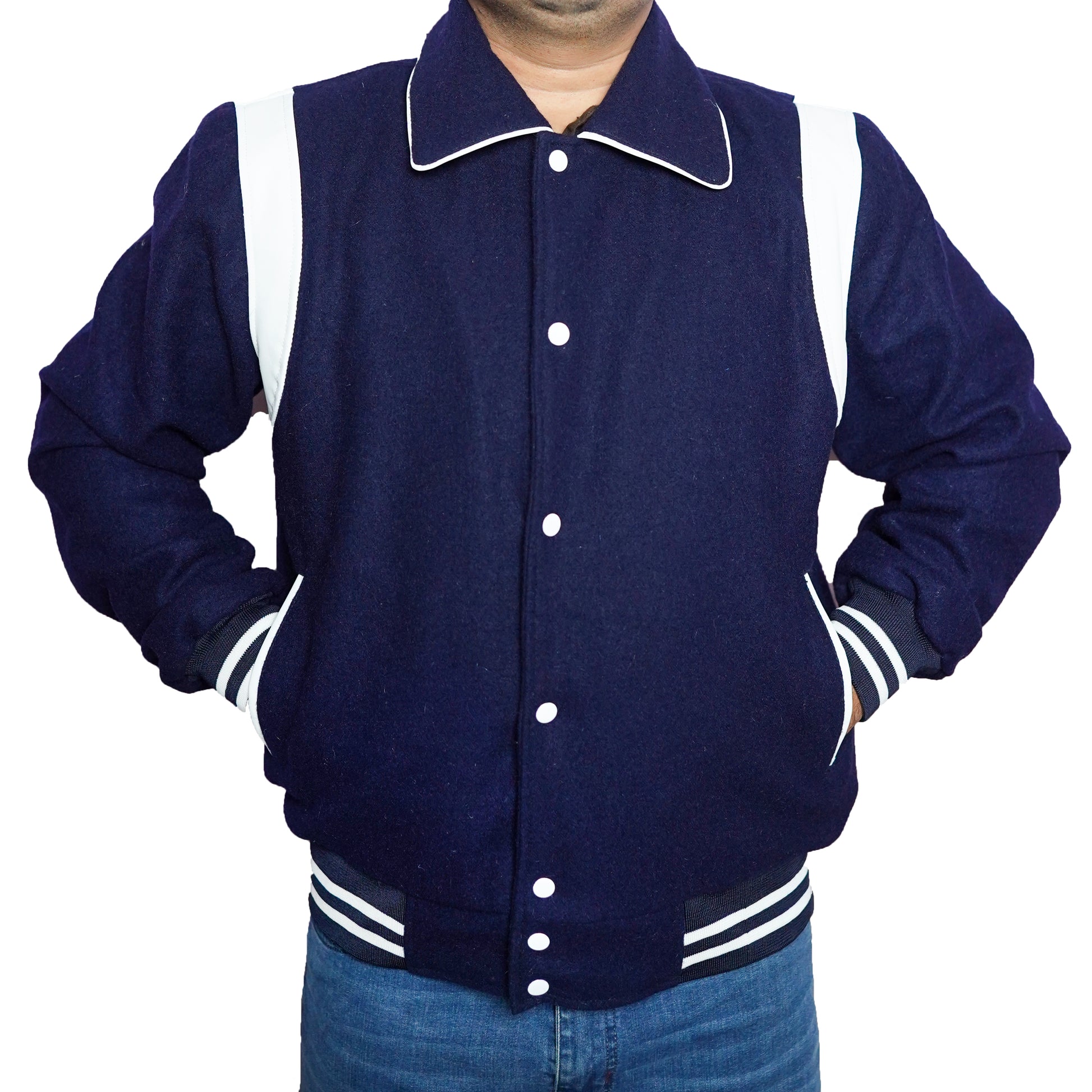 Bringo_Mens_Varsity_Letterman_Jacket_Baseball_Sports_College_Team_Moto_Biker_Racer_Bomber_Blue_Wool_White_Lambskin_Leather_Stripes_Shirt_Collar_Snap_Button_Rib