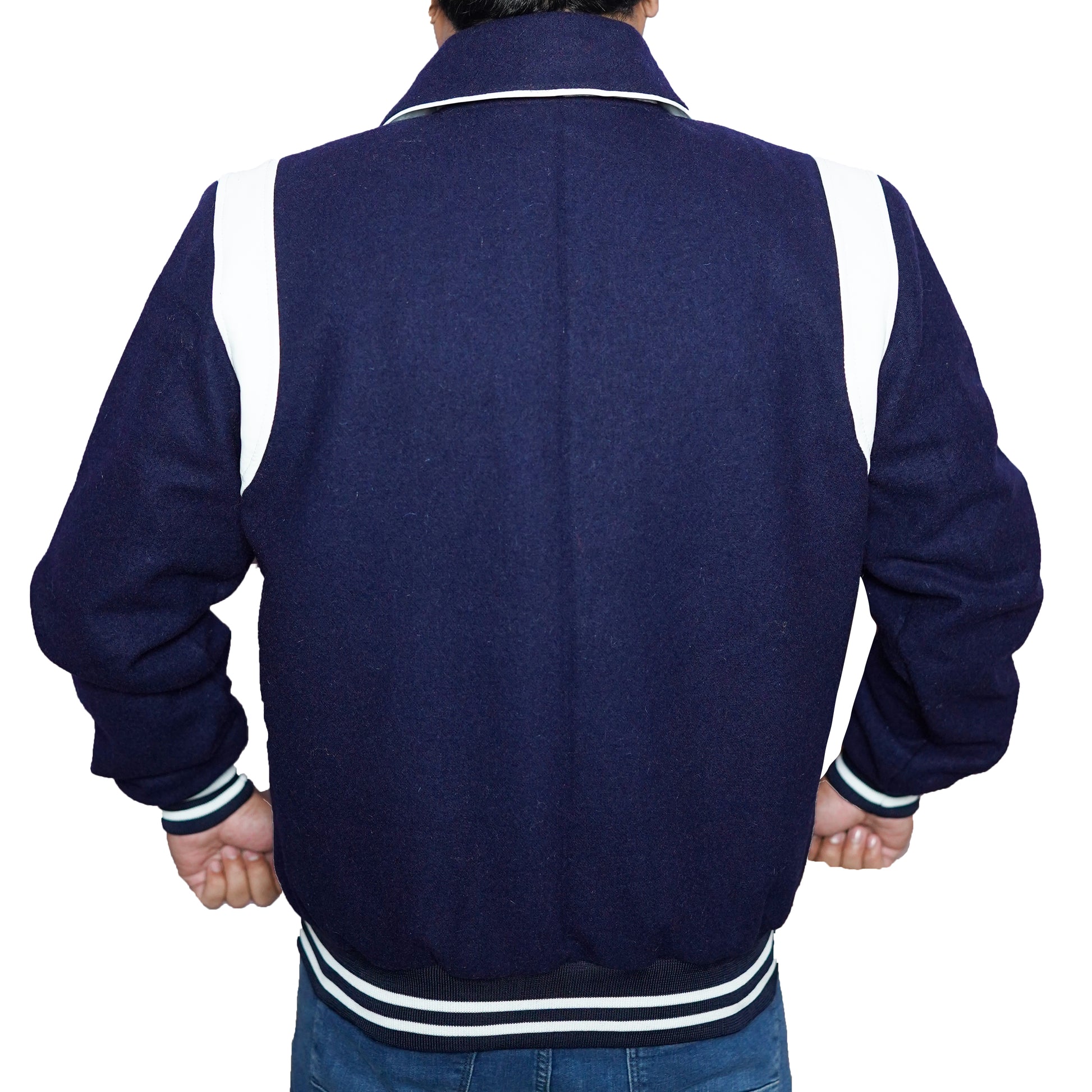 Bringo_Mens_Varsity_Letterman_Jacket_Baseball_Sports_College_Team_Moto_Biker_Racer_Bomber_Blue_Wool_White_Lambskin_Leather_Stripes_Shirt_Collar_Snap_Button_Rib