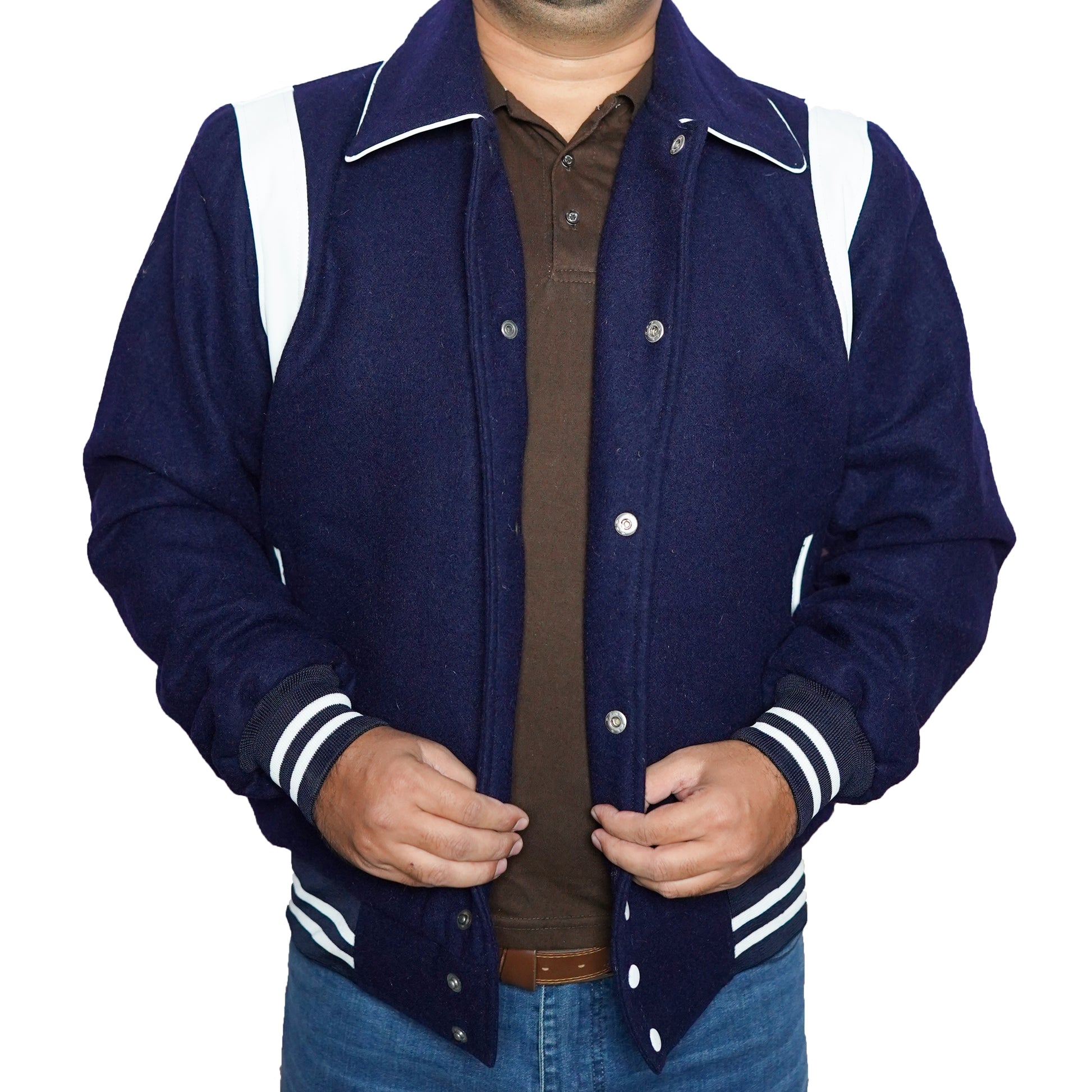 Bringo_Mens_Varsity_Letterman_Jacket_Baseball_Sports_College_Team_Moto_Biker_Racer_Bomber_Blue_Wool_White_Lambskin_Leather_Stripes_Shirt_Collar_Snap_Button_Rib
