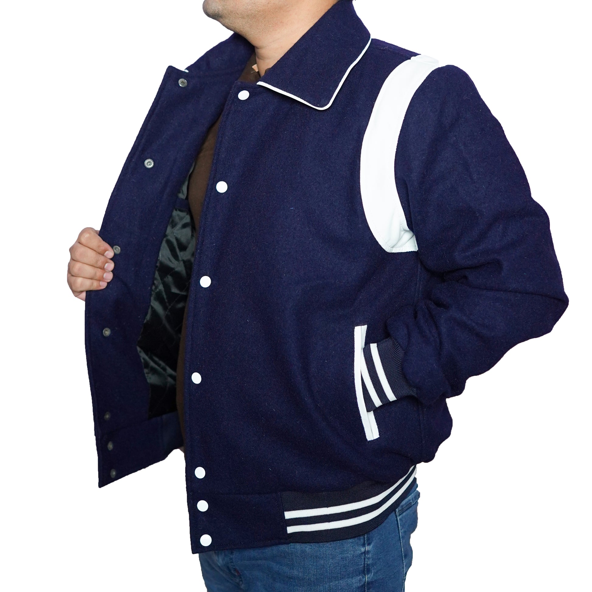 Bringo_Mens_Varsity_Letterman_Jacket_Baseball_Sports_College_Team_Moto_Biker_Racer_Bomber_Blue_Wool_White_Lambskin_Leather_Stripes_Shirt_Collar_Snap_Button_Rib