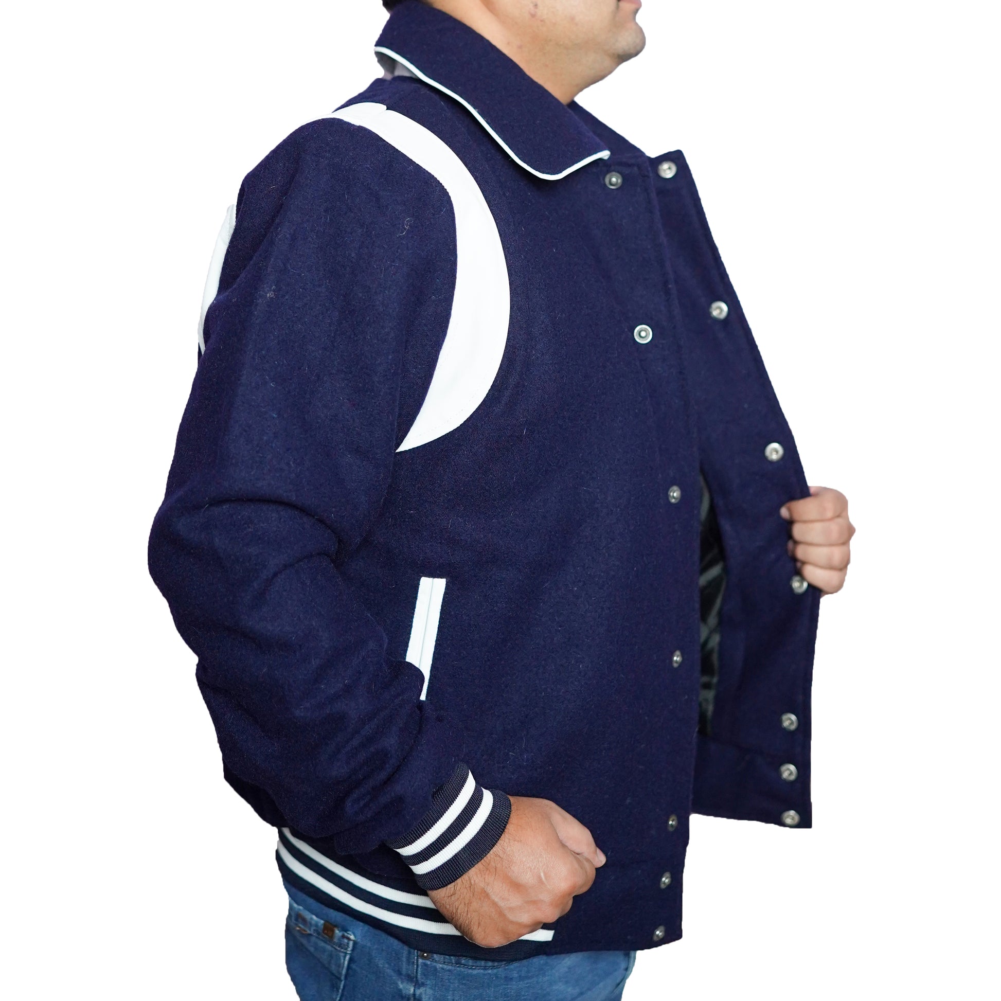 Bringo_Mens_Varsity_Letterman_Jacket_Baseball_Sports_College_Team_Moto_Biker_Racer_Bomber_Blue_Wool_White_Lambskin_Leather_Stripes_Shirt_Collar_Snap_Button_Rib