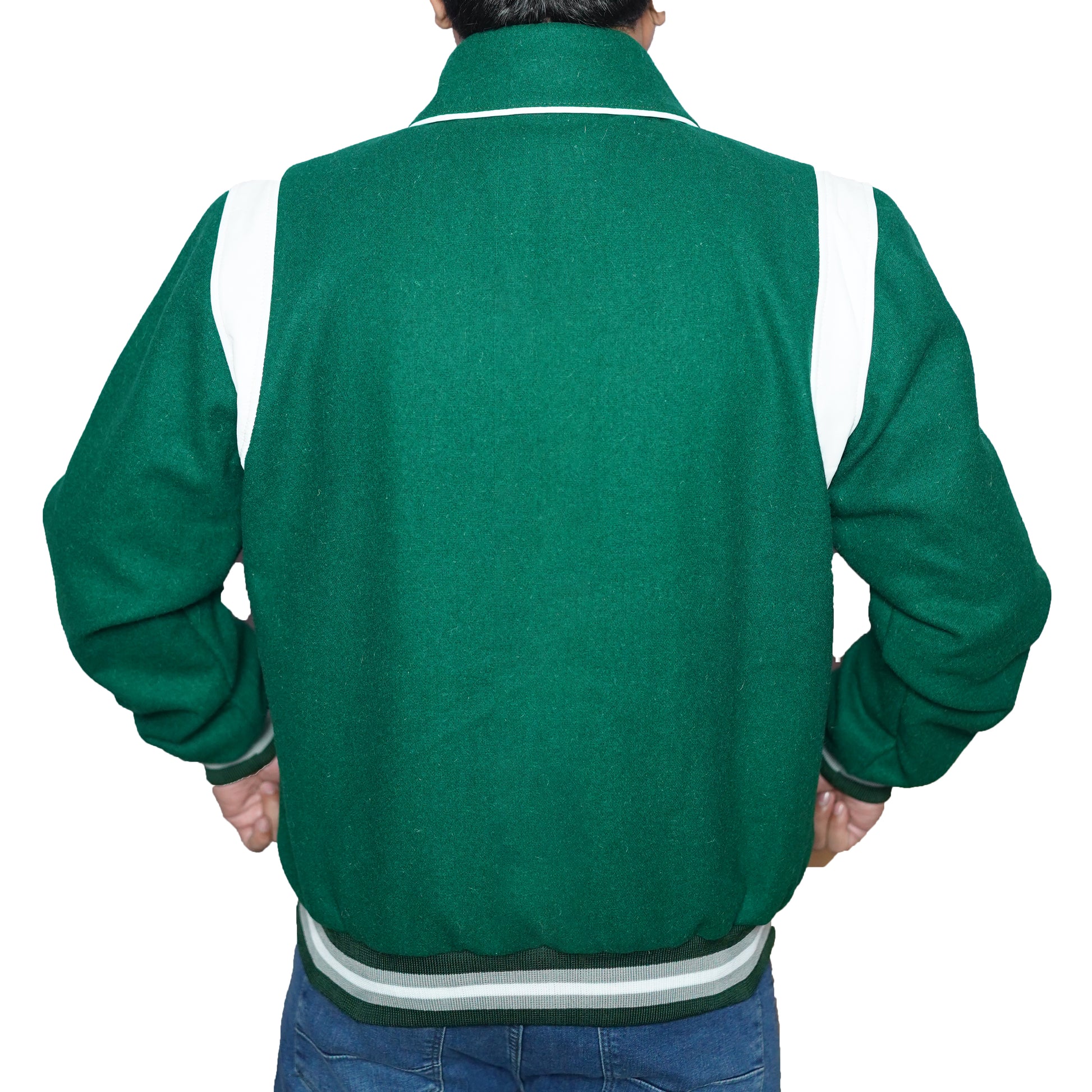 Bringo_Mens_Varsity_Letterman_Jacket_Baseball_Sports_College_Team_Moto_Biker_Racer_Bomber_Green_Wool_White_Leather_Stripes_Shirt_Collar_Snap_Button_Rib