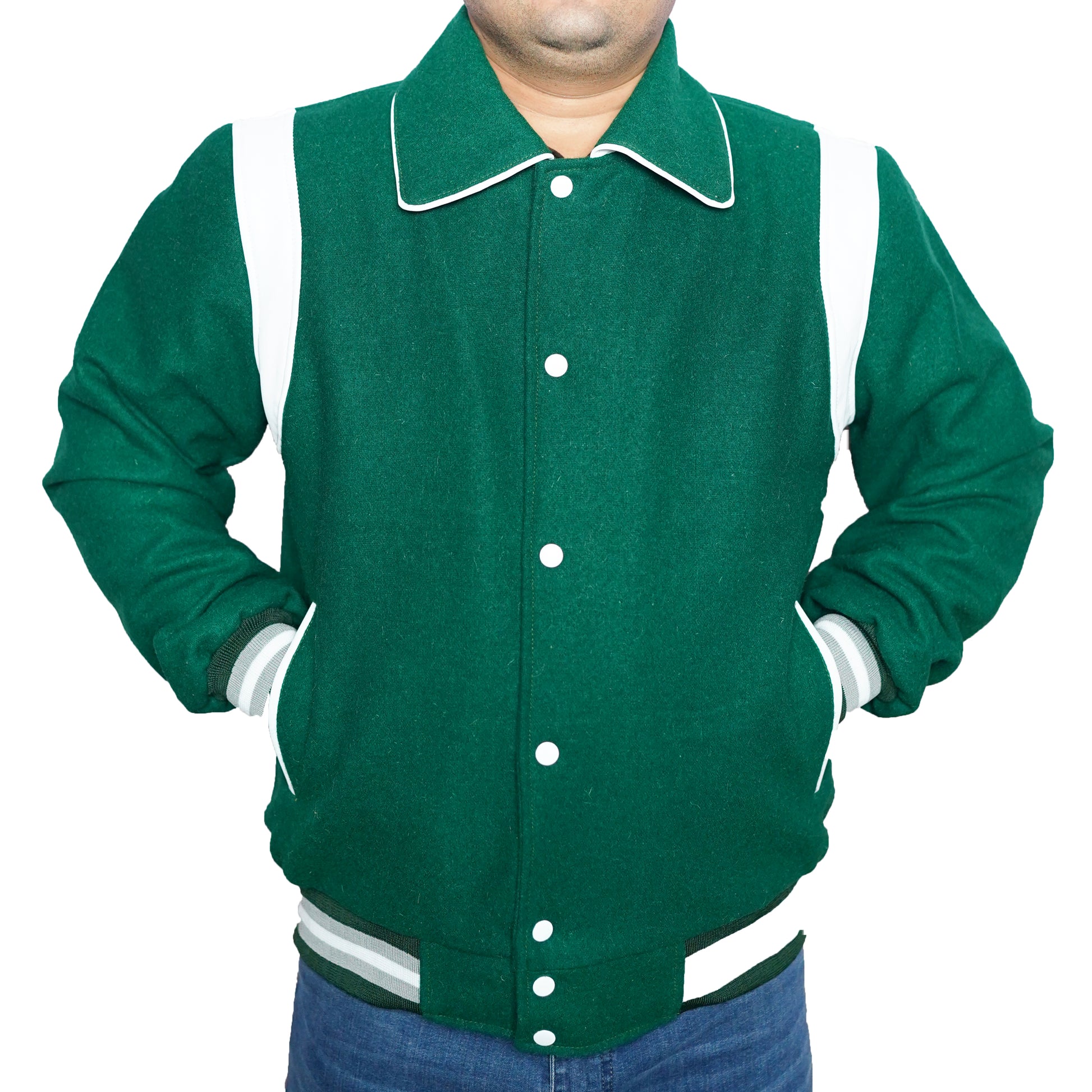 Bringo_Mens_Varsity_Letterman_Jacket_Baseball_Sports_College_Team_Moto_Biker_Racer_Bomber_Green_Wool_White_Leather_Stripes_Shirt_Collar_Snap_Button_Rib