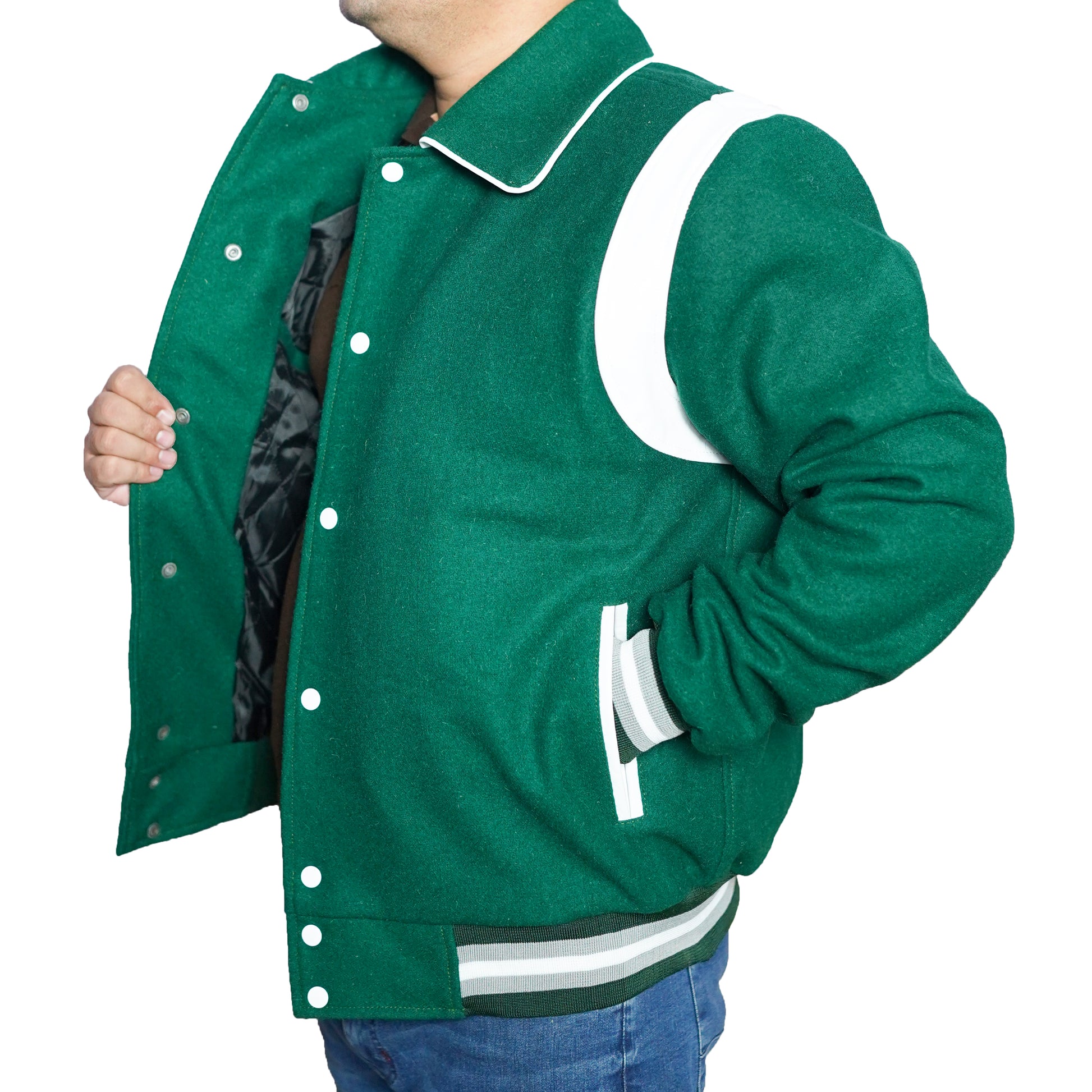 Bringo_Mens_Varsity_Letterman_Jacket_Baseball_Sports_College_Team_Moto_Biker_Racer_Bomber_Green_Wool_White_Leather_Stripes_Shirt_Collar_Snap_Button_Rib