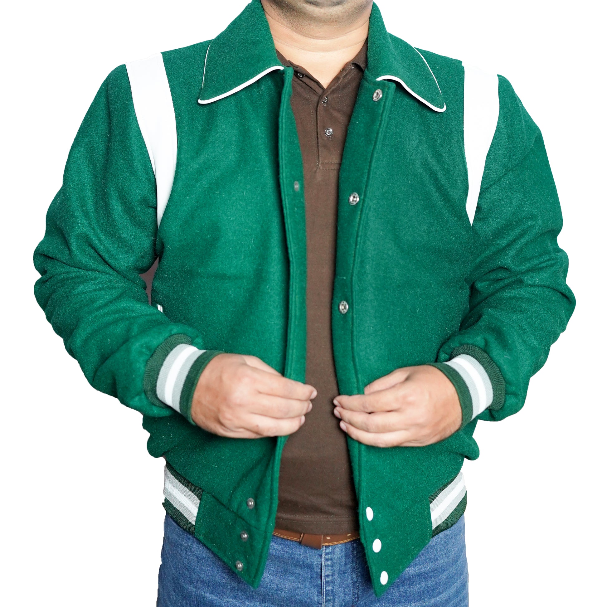 Bringo_Mens_Varsity_Letterman_Jacket_Baseball_Sports_College_Team_Moto_Biker_Racer_Bomber_Green_Wool_White_Leather_Stripes_Shirt_Collar_Snap_Button_Rib