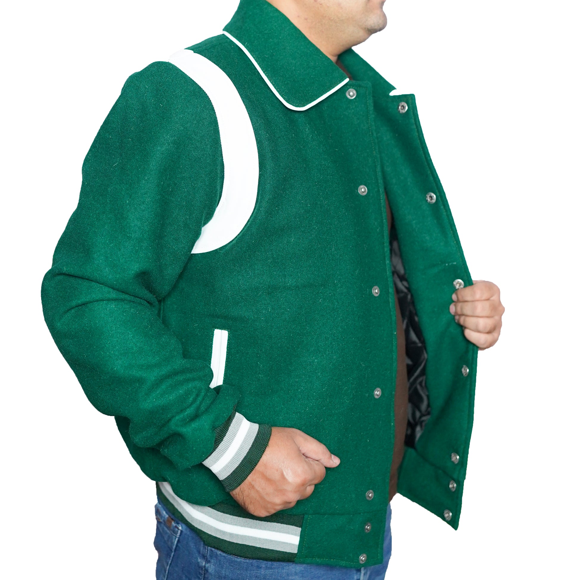 Bringo_Mens_Varsity_Letterman_Jacket_Baseball_Sports_College_Team_Moto_Biker_Racer_Bomber_Green_Wool_White_Leather_Stripes_Shirt_Collar_Snap_Button_Rib
