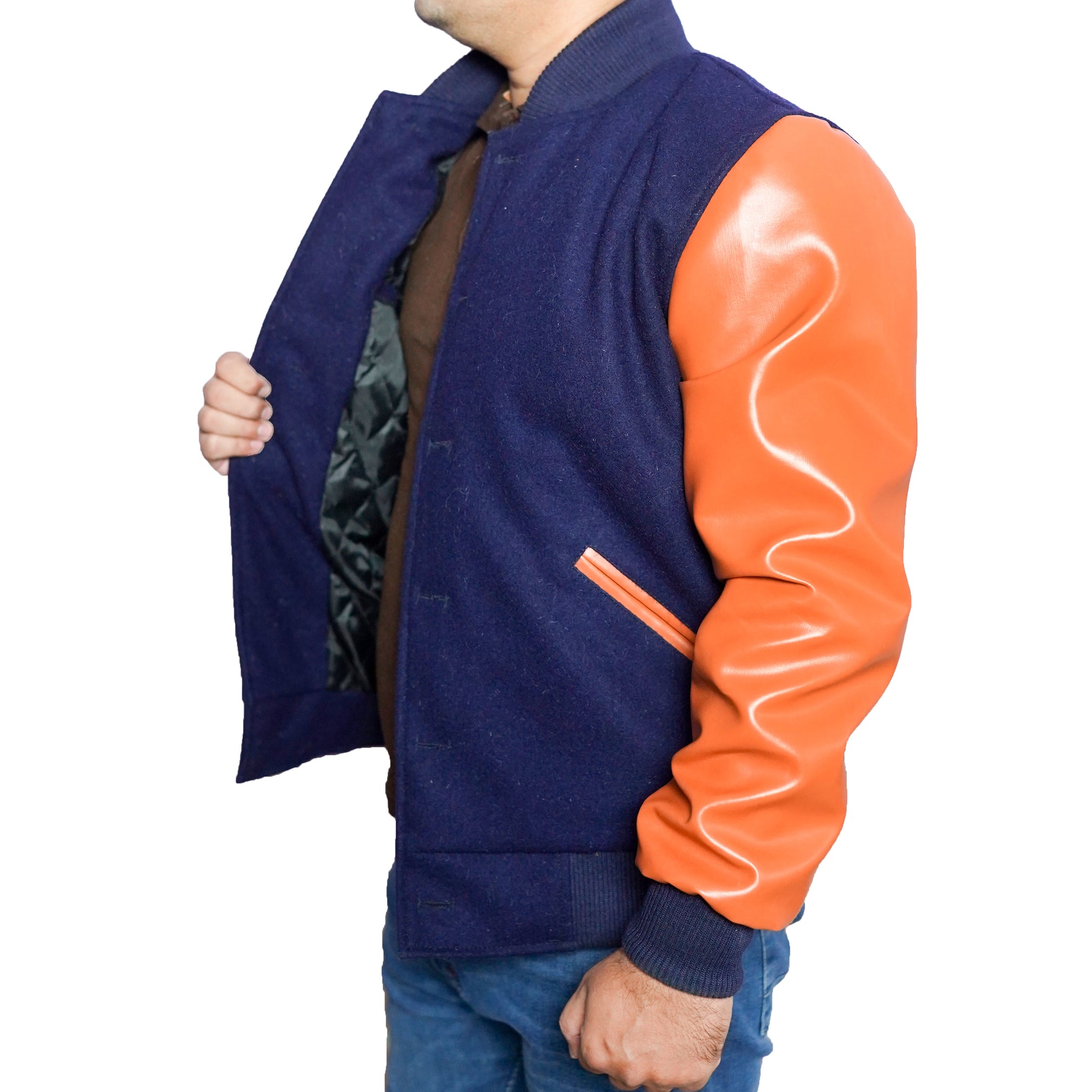 Bringo_Mens_Varsity_Letterman_Jacket_Baseball_Sports_College_Team_Moto_Biker_Racer_Bomber_Navy_Blue_Wool_Brown_Lambskin_Leather_Rib_Knitted_Collar_Snap_Button
