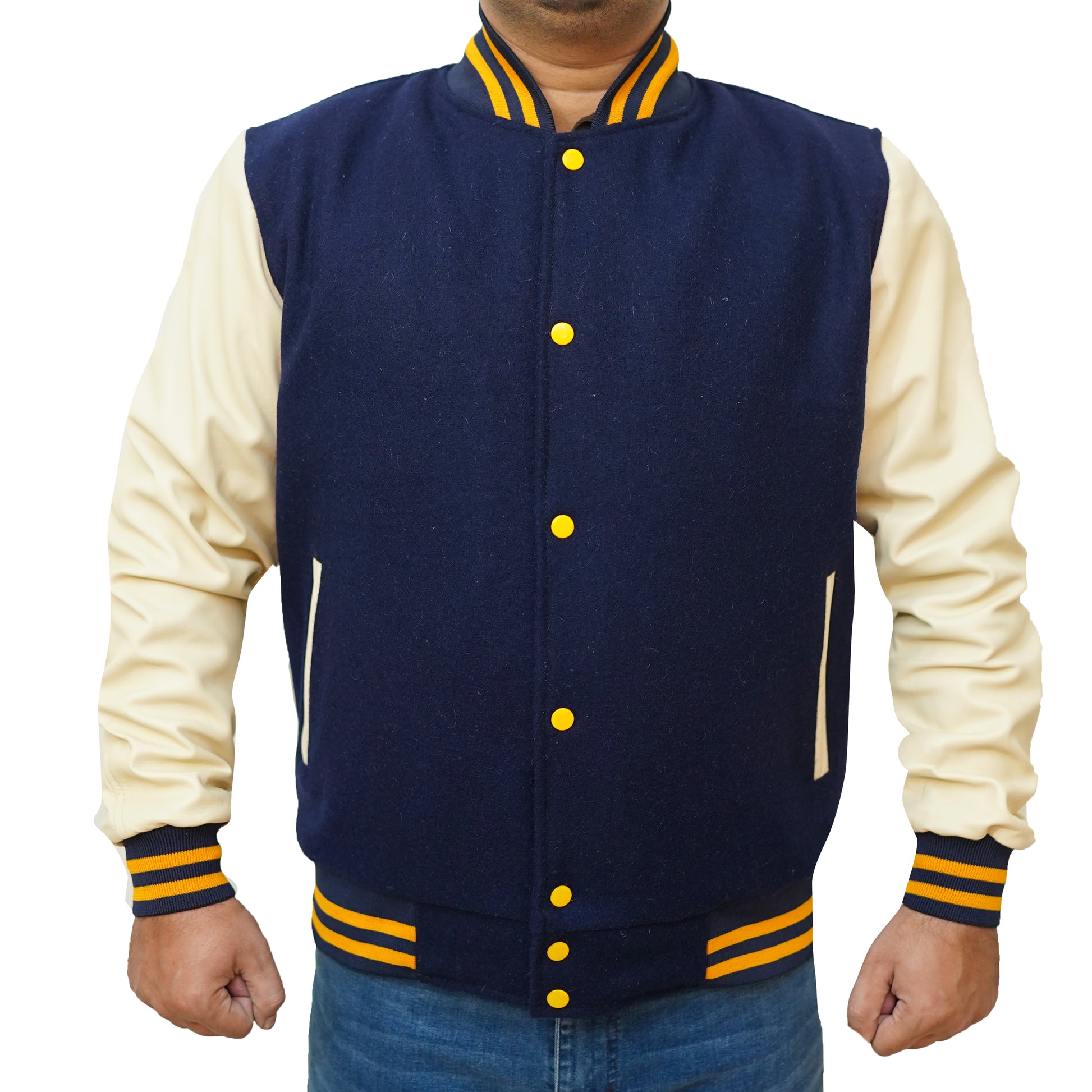 Bringo_Mens_Varsity_Letterman_Jacket_Baseball_Sports_College_Team_Moto_Biker_Racer_Bomber_Navy_Blue_Wool_White_Lambskin_Leather_Rib_Knitted_Collar_Snap_Button