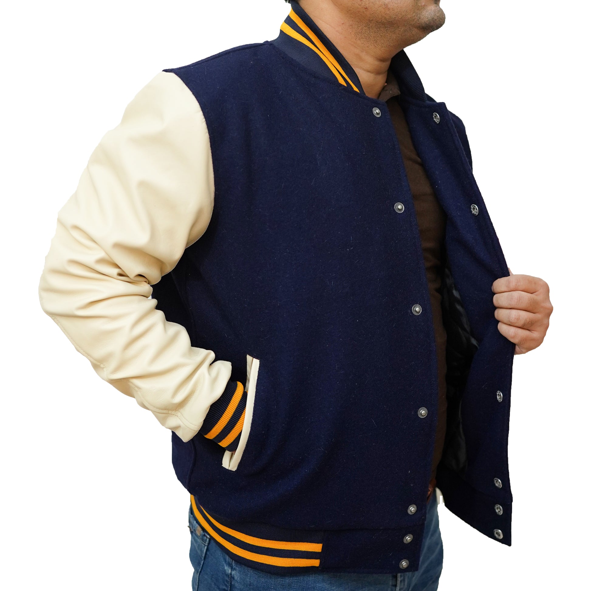 Bringo_Mens_Varsity_Letterman_Jacket_Baseball_Sports_College_Team_Moto_Biker_Racer_Bomber_Navy_Blue_Wool_White_Lambskin_Leather_Rib_Knitted_Collar_Snap_Button