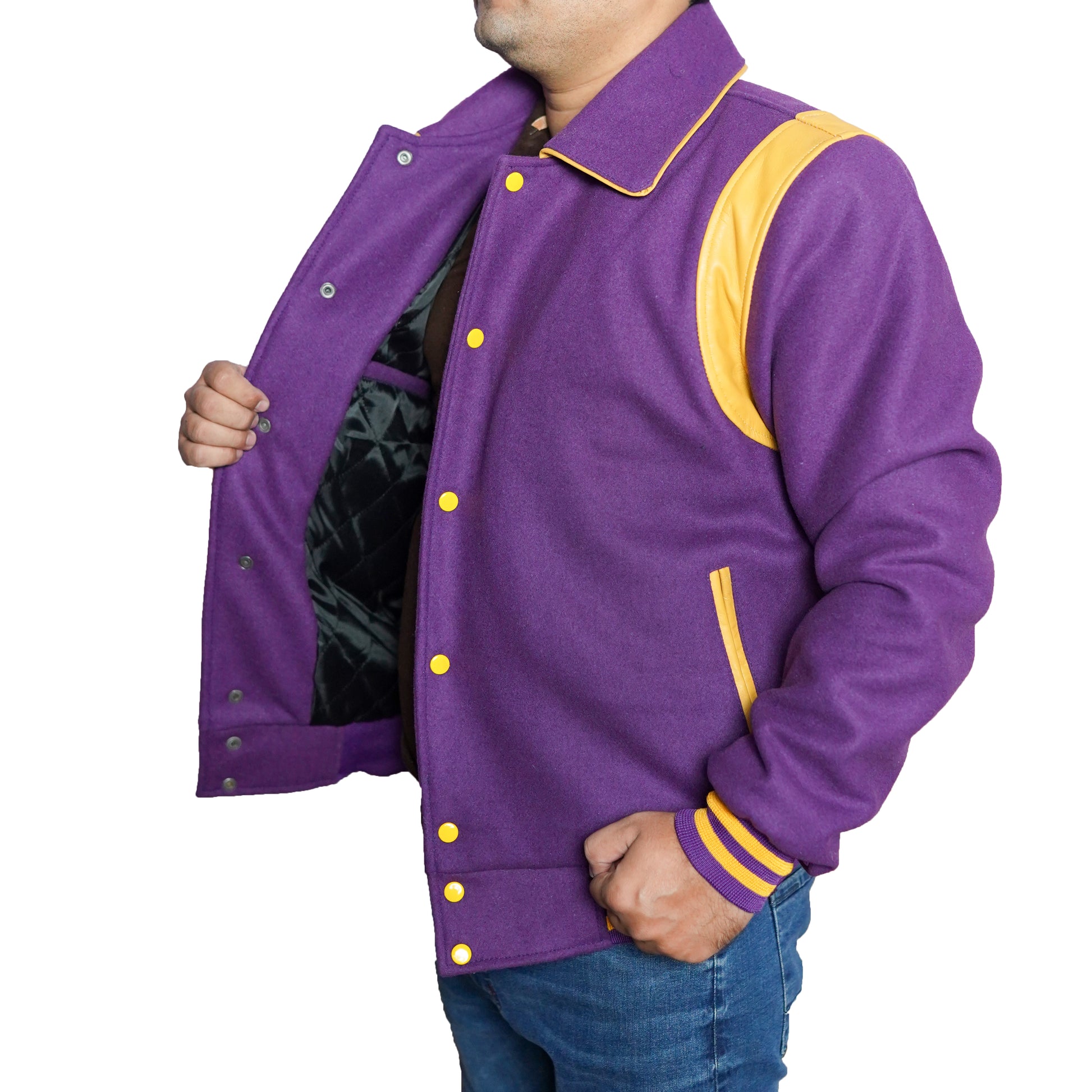 Bringo_Mens_Varsity_Letterman_Jacket_Baseball_Sports_College_Team_Moto_Biker_Racer_Bomber_Purple_Wool_Yellow_Lambskin_Leather_Stripes_Shirt_Collar_Snap_Button_Rib