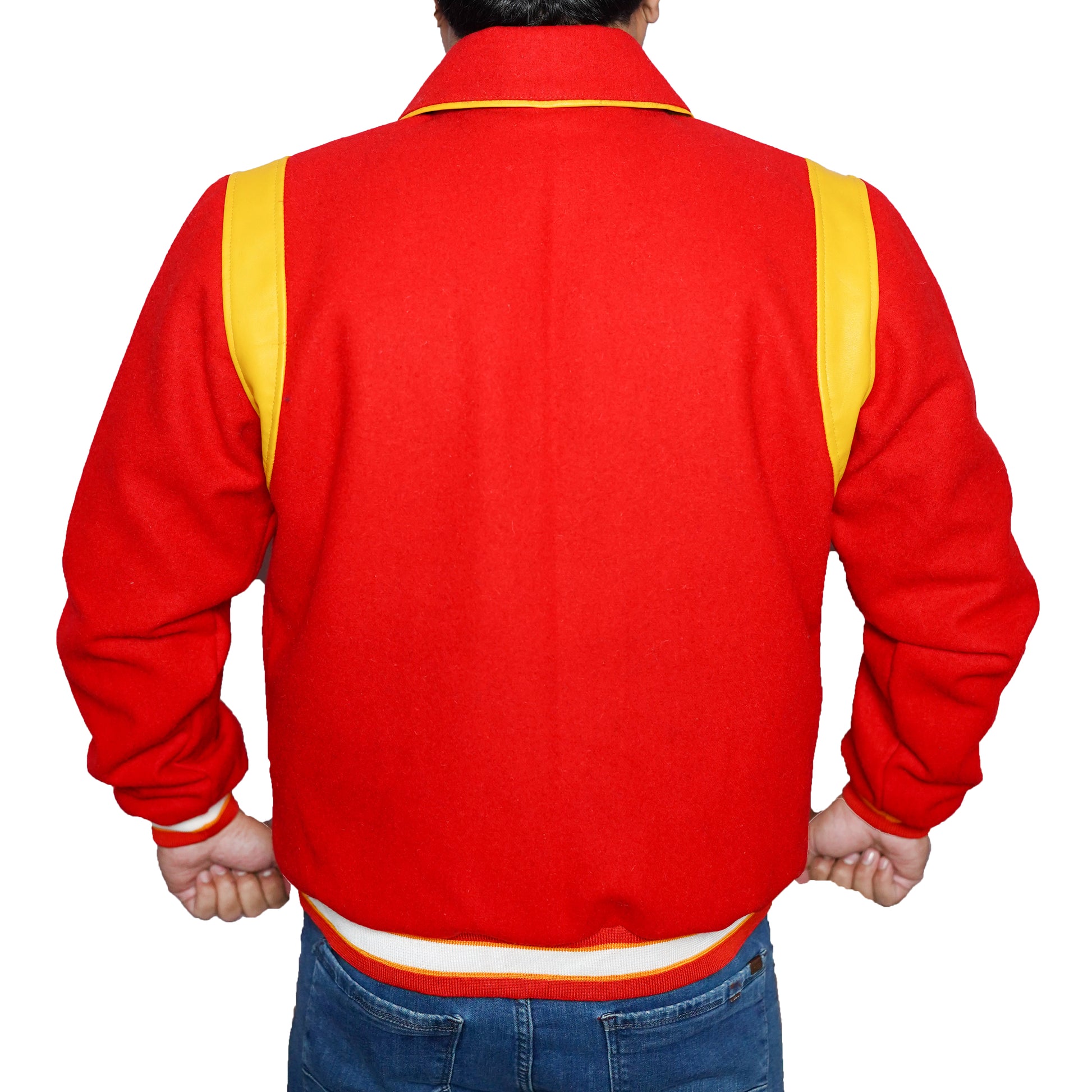 Bringo_Mens_Varsity_Letterman_Jacket_Baseball_Sports_College_Team_Moto_Biker_Racer_Bomber_Red_Wool_Yellow_Lambskin_Leather_Stripes_Shirt_Collar_Snap_Button_Rib