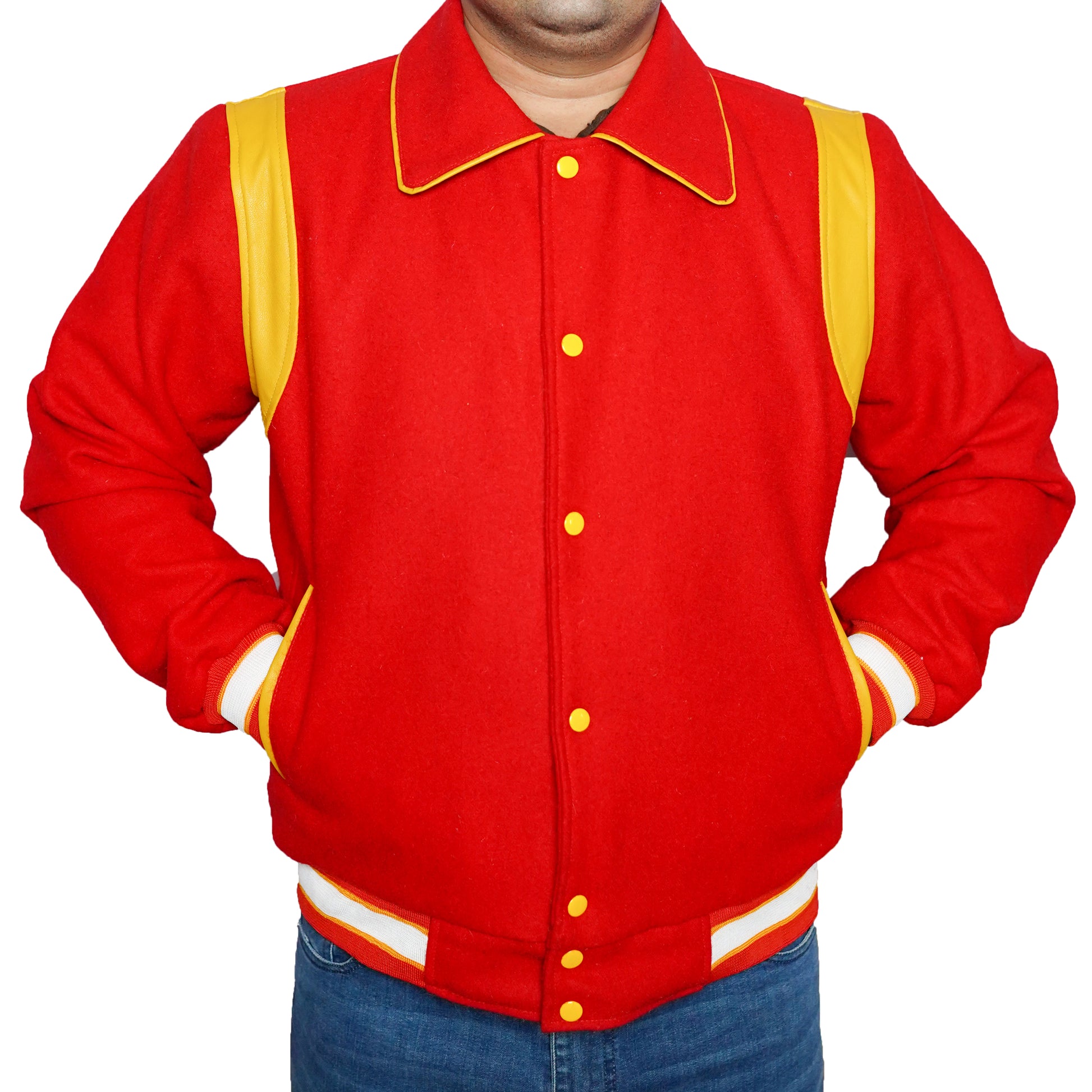 Bringo_Mens_Varsity_Letterman_Jacket_Baseball_Sports_College_Team_Moto_Biker_Racer_Bomber_Red_Wool_Yellow_Lambskin_Leather_Stripes_Shirt_Collar_Snap_Button_Rib