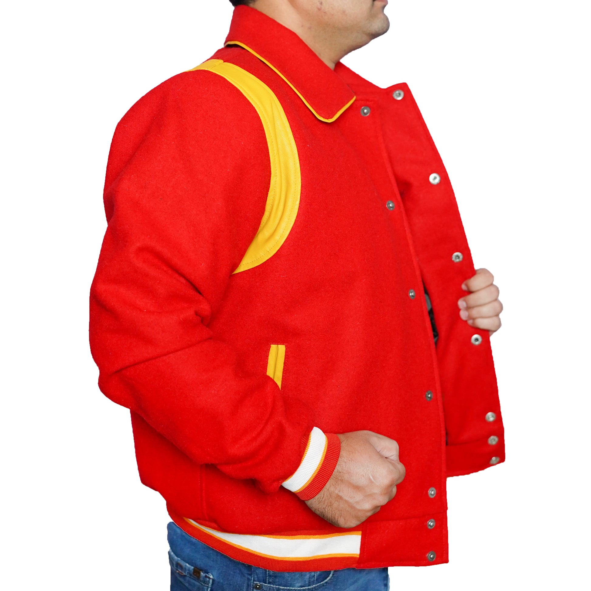 Bringo_Mens_Varsity_Letterman_Jacket_Baseball_Sports_College_Team_Moto_Biker_Racer_Bomber_Red_Wool_Yellow_Lambskin_Leather_Stripes_Shirt_Collar_Snap_Button_Rib