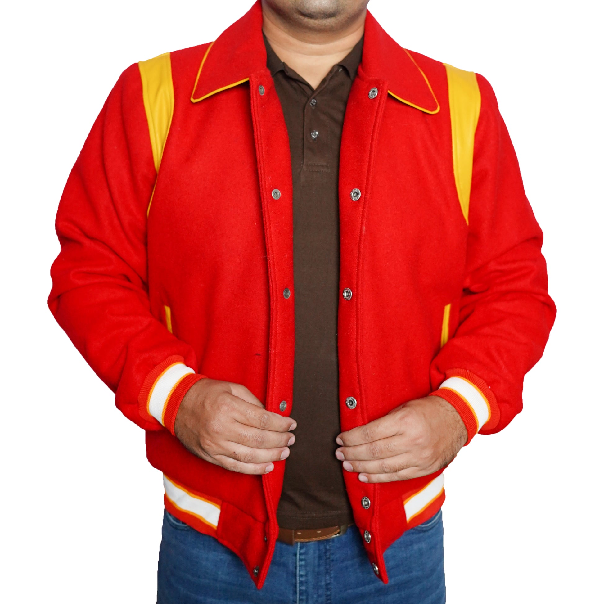 Bringo_Mens_Varsity_Letterman_Jacket_Baseball_Sports_College_Team_Moto_Biker_Racer_Bomber_Red_Wool_Yellow_Lambskin_Leather_Stripes_Shirt_Collar_Snap_Button_Rib