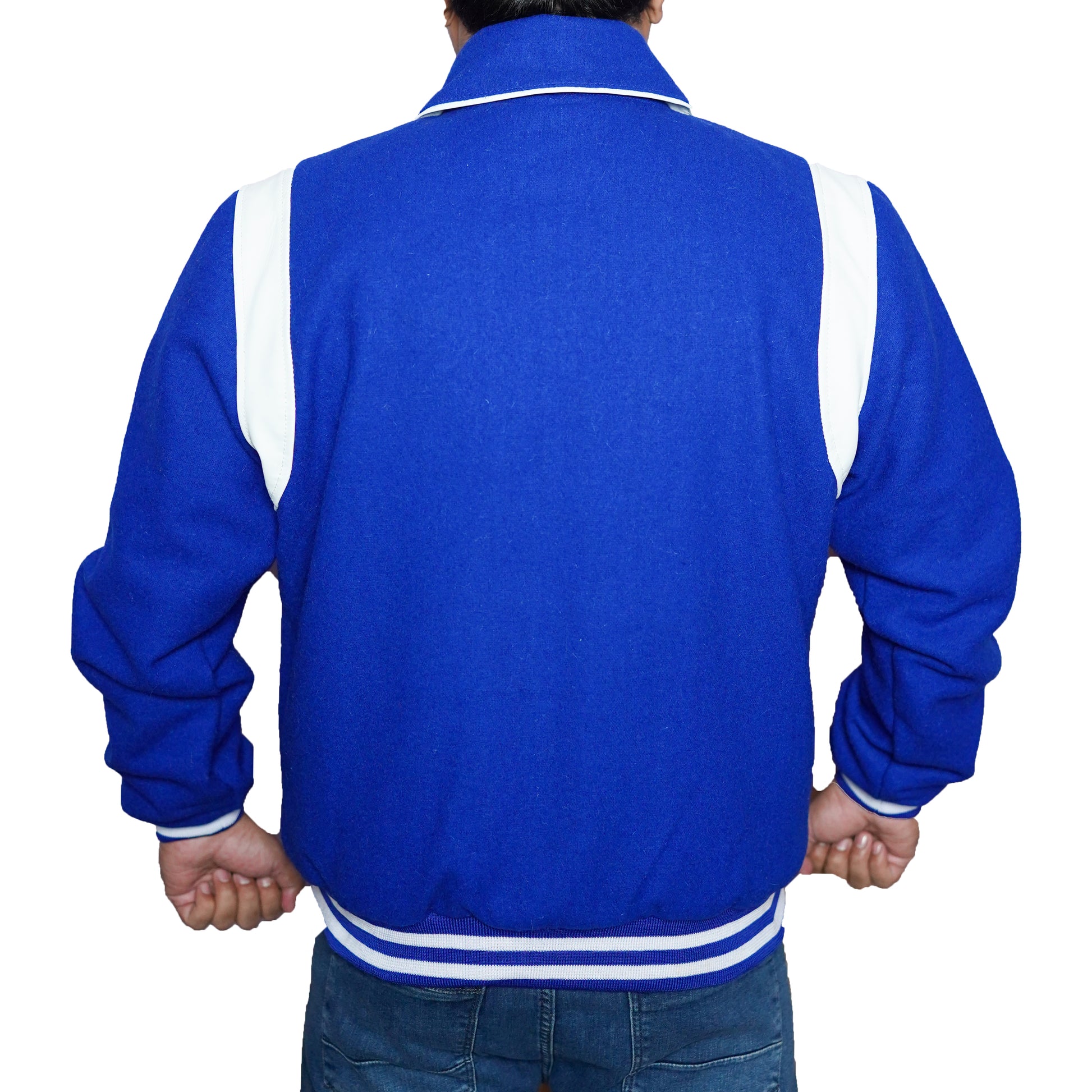Bringo_Mens_Varsity_Letterman_Jacket_Baseball_Sports_College_Team_Moto_Biker_Racer_Bomber_Royal_Blue_Wool_White_Lambskin_Leather_Stripes_Shirt_Collar_Snap_Button_Rib