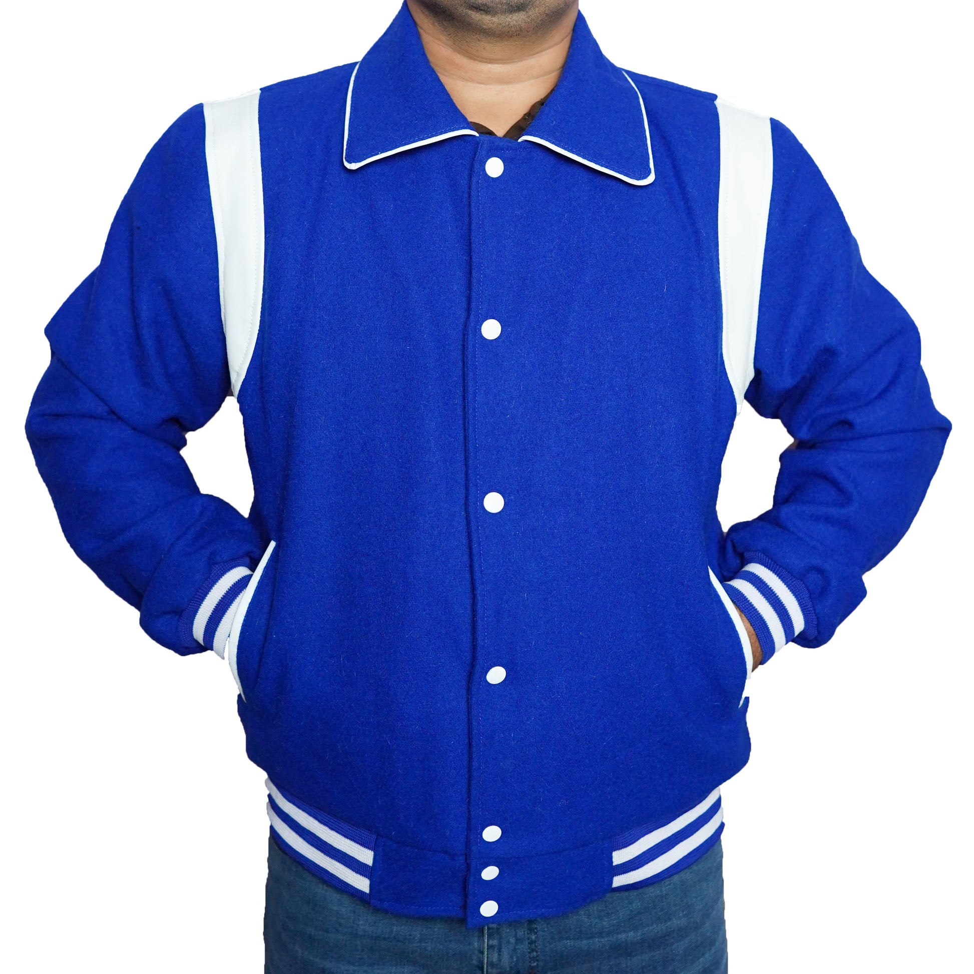 Bringo_Mens_Varsity_Letterman_Jacket_Baseball_Sports_College_Team_Moto_Biker_Racer_Bomber_Royal_Blue_Wool_White_Lambskin_Leather_Stripes_Shirt_Collar_Snap_Button_Rib