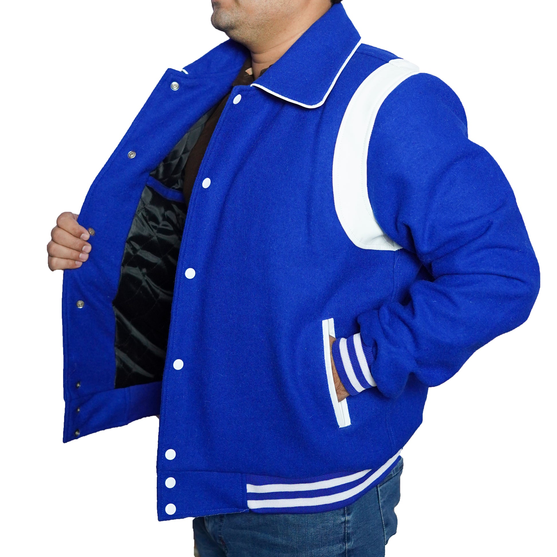 Bringo_Mens_Varsity_Letterman_Jacket_Baseball_Sports_College_Team_Moto_Biker_Racer_Bomber_Royal_Blue_Wool_White_Lambskin_Leather_Stripes_Shirt_Collar_Snap_Button_Rib