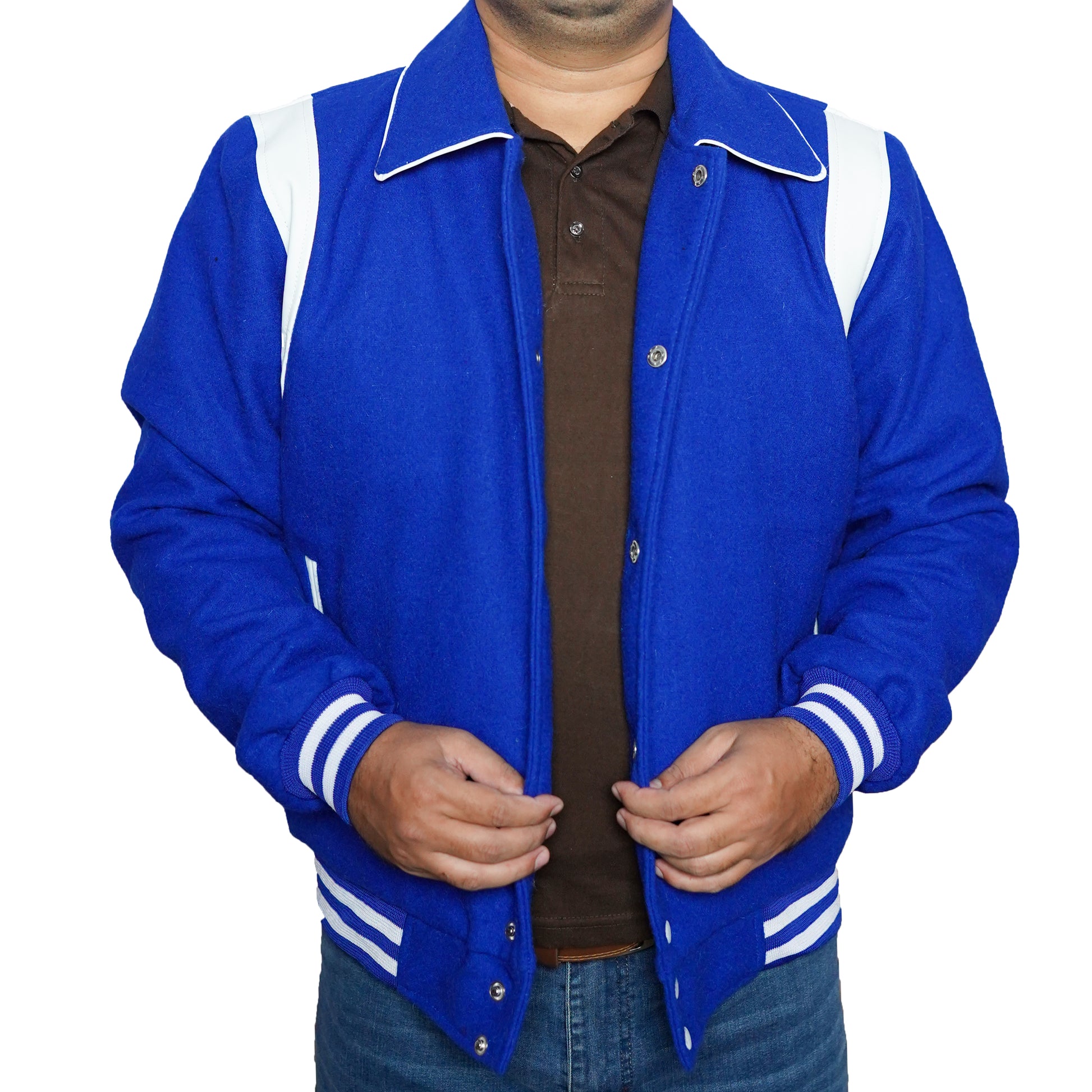 Bringo_Mens_Varsity_Letterman_Jacket_Baseball_Sports_College_Team_Moto_Biker_Racer_Bomber_Royal_Blue_Wool_White_Lambskin_Leather_Stripes_Shirt_Collar_Snap_Button_Rib