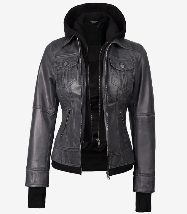 Bringo_Women_Bomber_Waxed_ Removable_Hood_Thumbhole_Shirt_Collar_Dark_Grey_Leather_Jacket