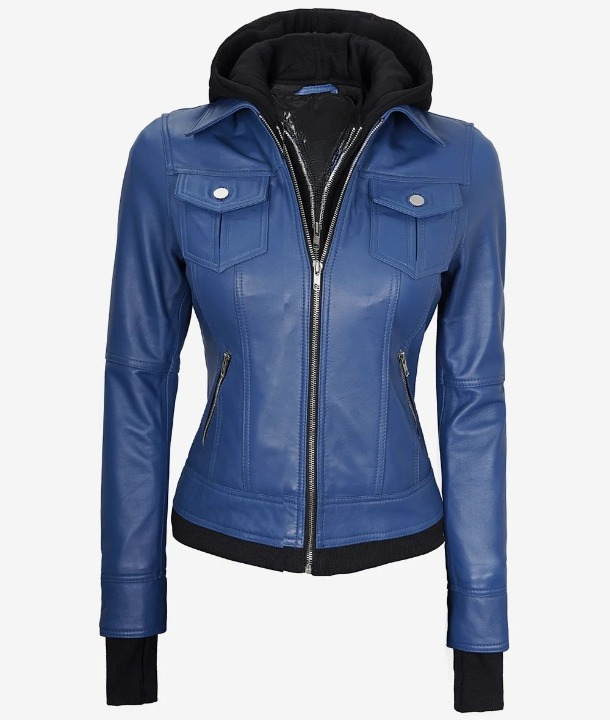 Bringo_Women_Moto_Biker_Racer_Bomber_Removable_Hood_Thumbhole_Shirt_Collar_Blue_Lambskin_Leather_Jacket_Metal_Zipper