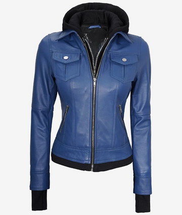 Bringo_Women_Moto_Biker_Racer_Bomber_Removable_Hood_Thumbhole_Shirt_Collar_Blue_Lambskin_Leather_Jacket_Metal_Zipper
