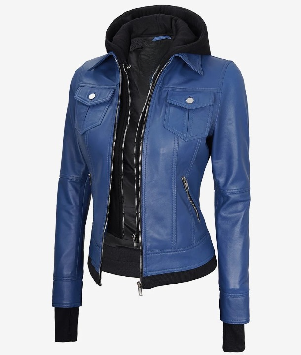 Bringo_Women_Moto_Biker_Racer_Bomber_Removable_Hood_Thumbhole_Shirt_Collar_Blue_Lambskin_Leather_Jacket_Metal_Zipper