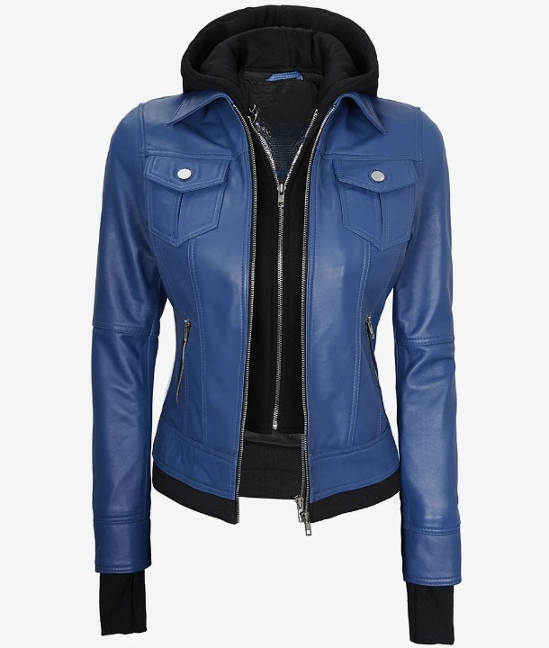 Bringo_Women_Moto_Biker_Racer_Bomber_Removable_Hood_Thumbhole_Shirt_Collar_Blue_Lambskin_Leather_Jacket_Metal_Zipper