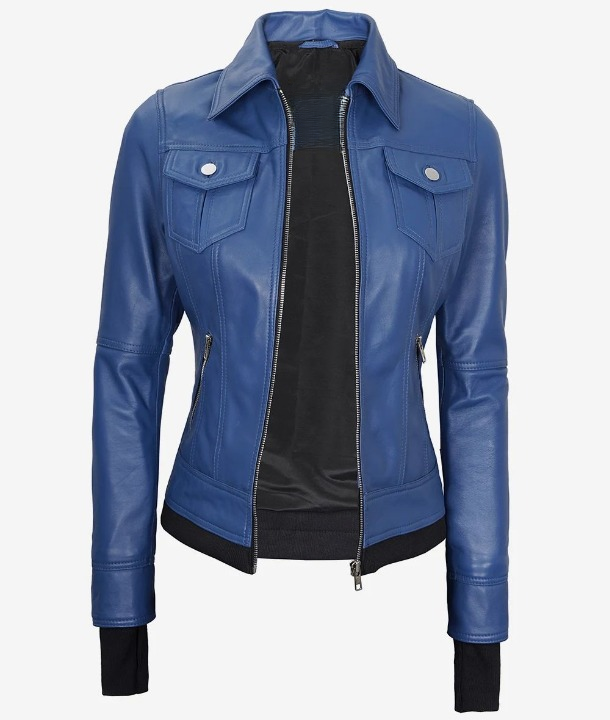 Bringo_Women_Moto_Biker_Racer_Bomber_Removable_Hood_Thumbhole_Shirt_Collar_Blue_Lambskin_Leather_Jacket_Metal_Zipper