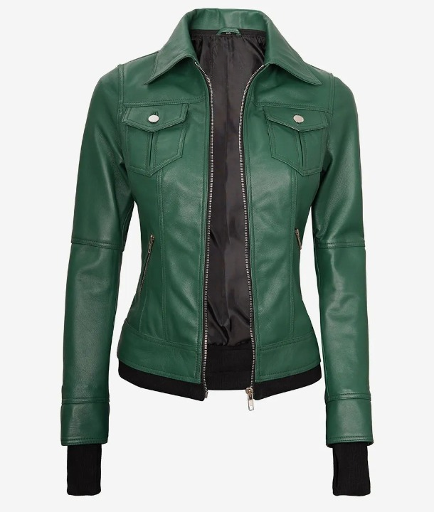 Bringo_Women_Moto_Biker_Racer_Bomber_Removable_Hood_Thumbhole_Shirt_Collar_Green_Lambskin_Leather_Jacket_Metal_Zipper