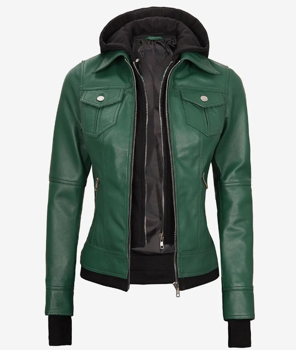 Bringo_Women_Moto_Biker_Racer_Bomber_Removable_Hood_Thumbhole_Shirt_Collar_Green_Lambskin_Leather_Jacket_Metal_Zipper