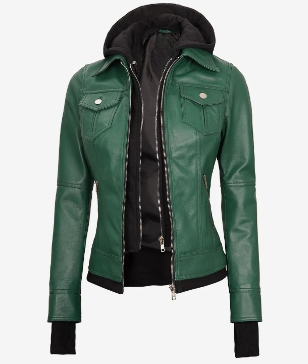 Bringo_Women_Moto_Biker_Racer_Bomber_Removable_Hood_Thumbhole_Shirt_Collar_Green_Lambskin_Leather_Jacket_Metal_Zipper
