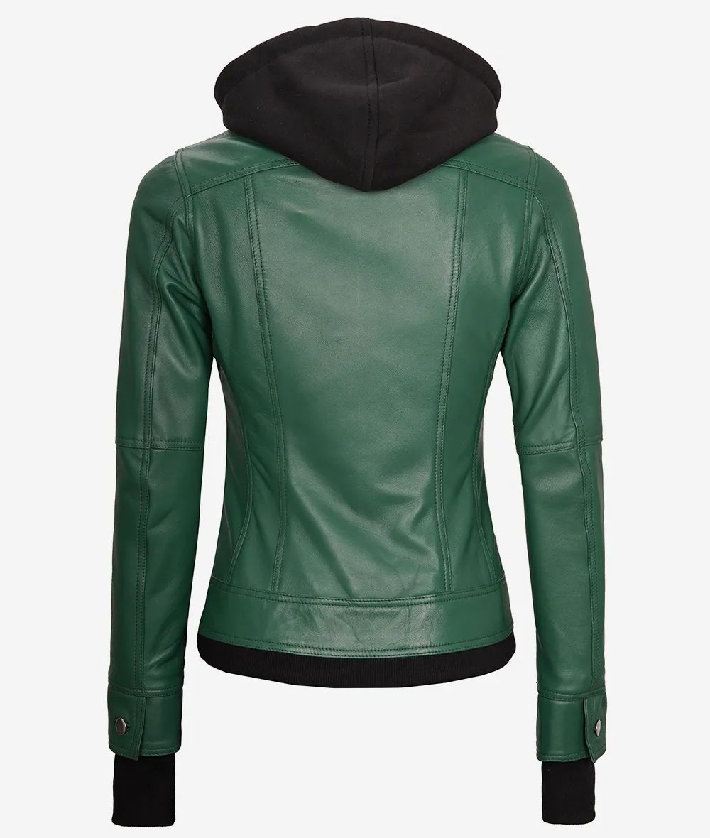 Bringo_Women_Moto_Biker_Racer_Bomber_Removable_Hood_Thumbhole_Shirt_Collar_Green_Lambskin_Leather_Jacket_Metal_Zipper