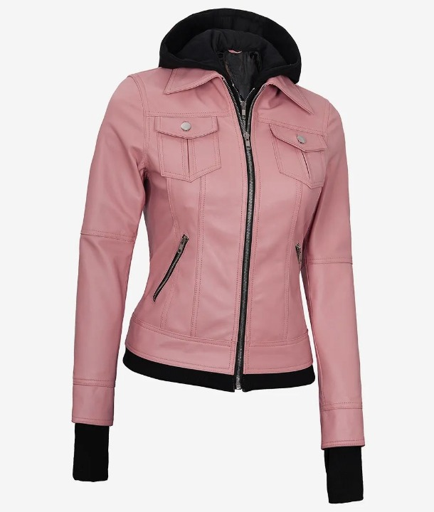 Bringo_Women_Moto_Biker_Racer_Bomber_Removable_Hood_Thumbhole_Shirt_Collar_Pink_Lambskin_Leather_Jacket_Metal_Zipper