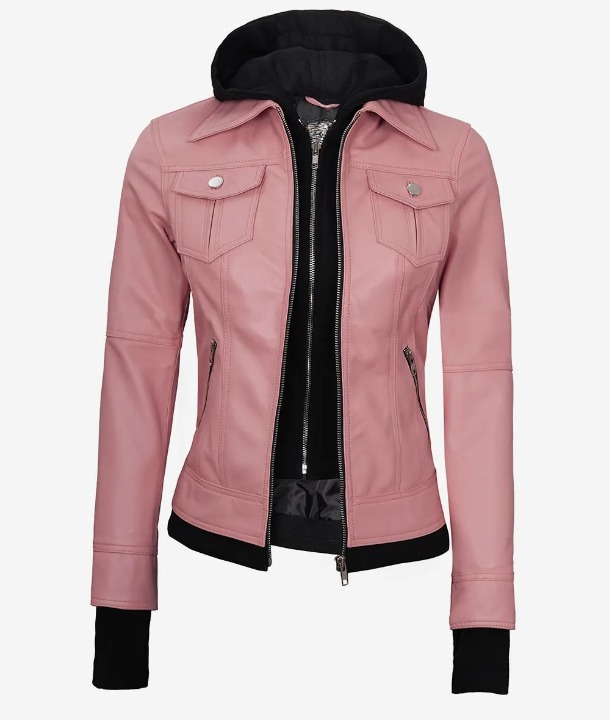 Bringo_Women_Moto_Biker_Racer_Bomber_Removable_Hood_Thumbhole_Shirt_Collar_Pink_Lambskin_Leather_Jacket_Metal_Zipper