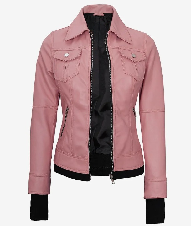 Bringo_Women_Moto_Biker_Racer_Bomber_Removable_Hood_Thumbhole_Shirt_Collar_Pink_Lambskin_Leather_Jacket_Metal_Zipper
