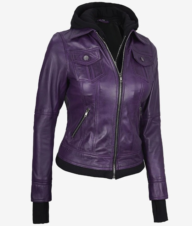 Bringo_Women_Moto_Biker_Racer_Bomber_Removable_Hood_Thumbhole_Shirt_Collar_Purple_Lambskin_Leather_Jacket_Metal_Zipper