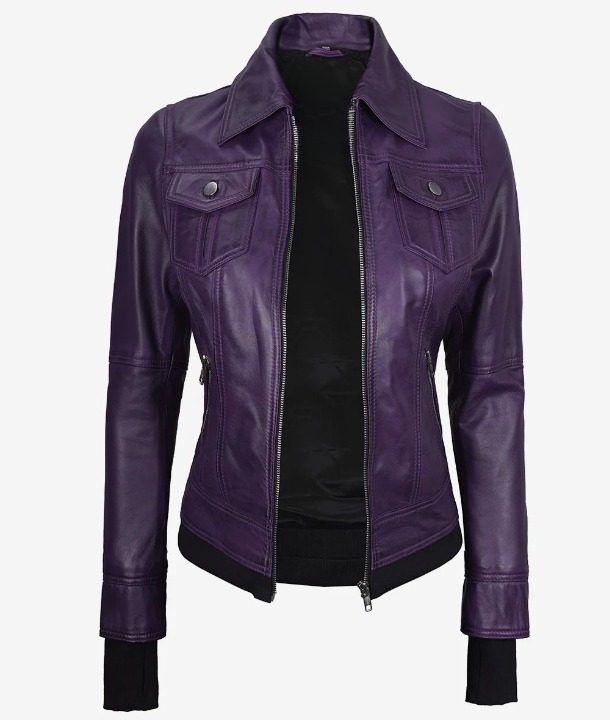 Bringo_Women_Moto_Biker_Racer_Bomber_Removable_Hood_Thumbhole_Shirt_Collar_Purple_Lambskin_Leather_Jacket_Metal_Zipper