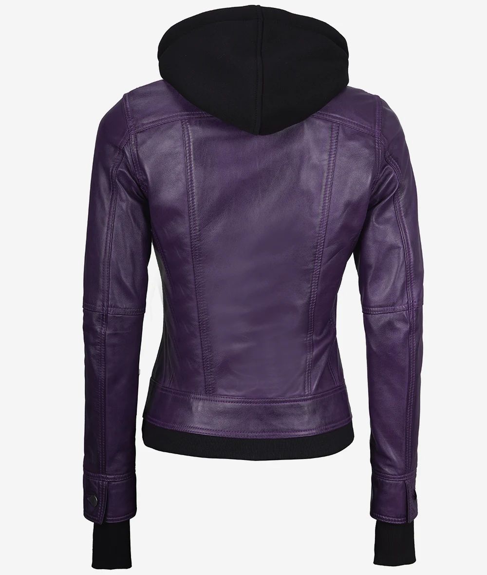 Bringo_Women_Moto_Biker_Racer_Bomber_Removable_Hood_Thumbhole_Shirt_Collar_Purple_Lambskin_Leather_Jacket_Metal_Zipper