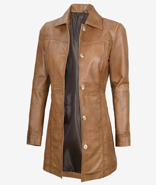 Bringo_Womens_Button_Shirt_Collar_Camel_Brown_Lambskin_Leather_Car_Trench_Winter_Long_Coat