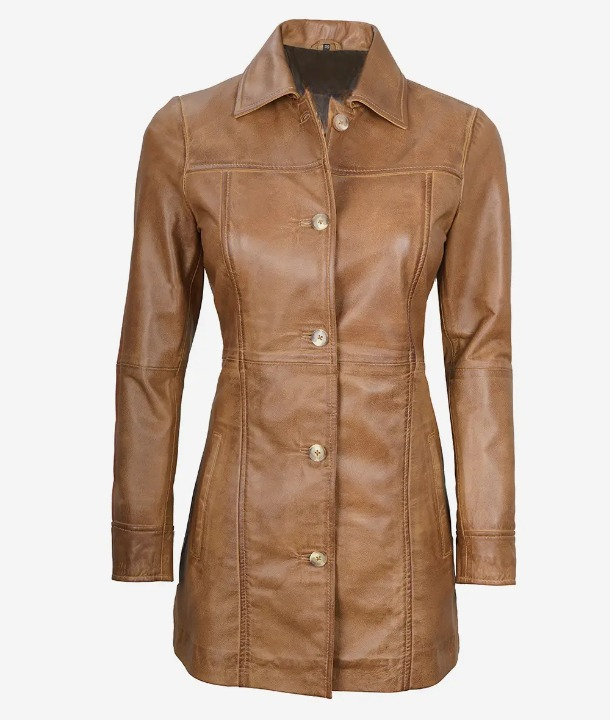 Bringo_Womens_Button_Shirt_Collar_Camel_Brown_Lambskin_Leather_Car_Trench_Winter_Long_Coat