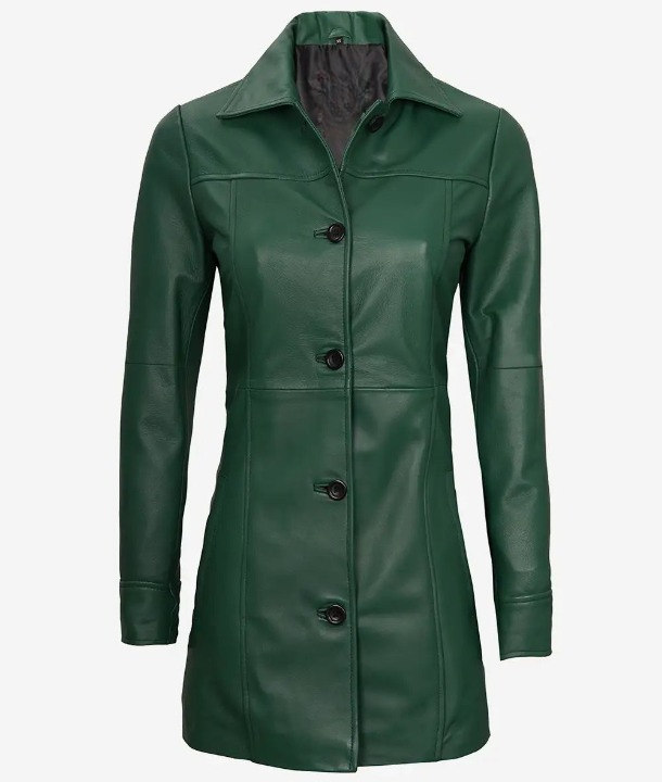 Bringo_Womens_Button_Shirt_Collar_Green_Lambskin_Leather_Car_Trench_Winter_Long_Coat