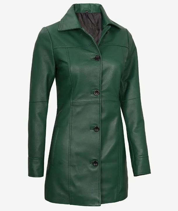 Bringo_Womens_Button_Shirt_Collar_Green_Lambskin_Leather_Car_Trench_Winter_Long_Coat