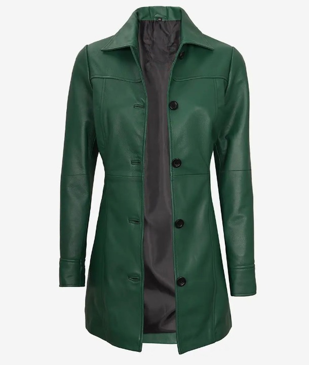Bringo_Womens_Button_Shirt_Collar_Green_Lambskin_Leather_Car_Trench_Winter_Long_Coat
